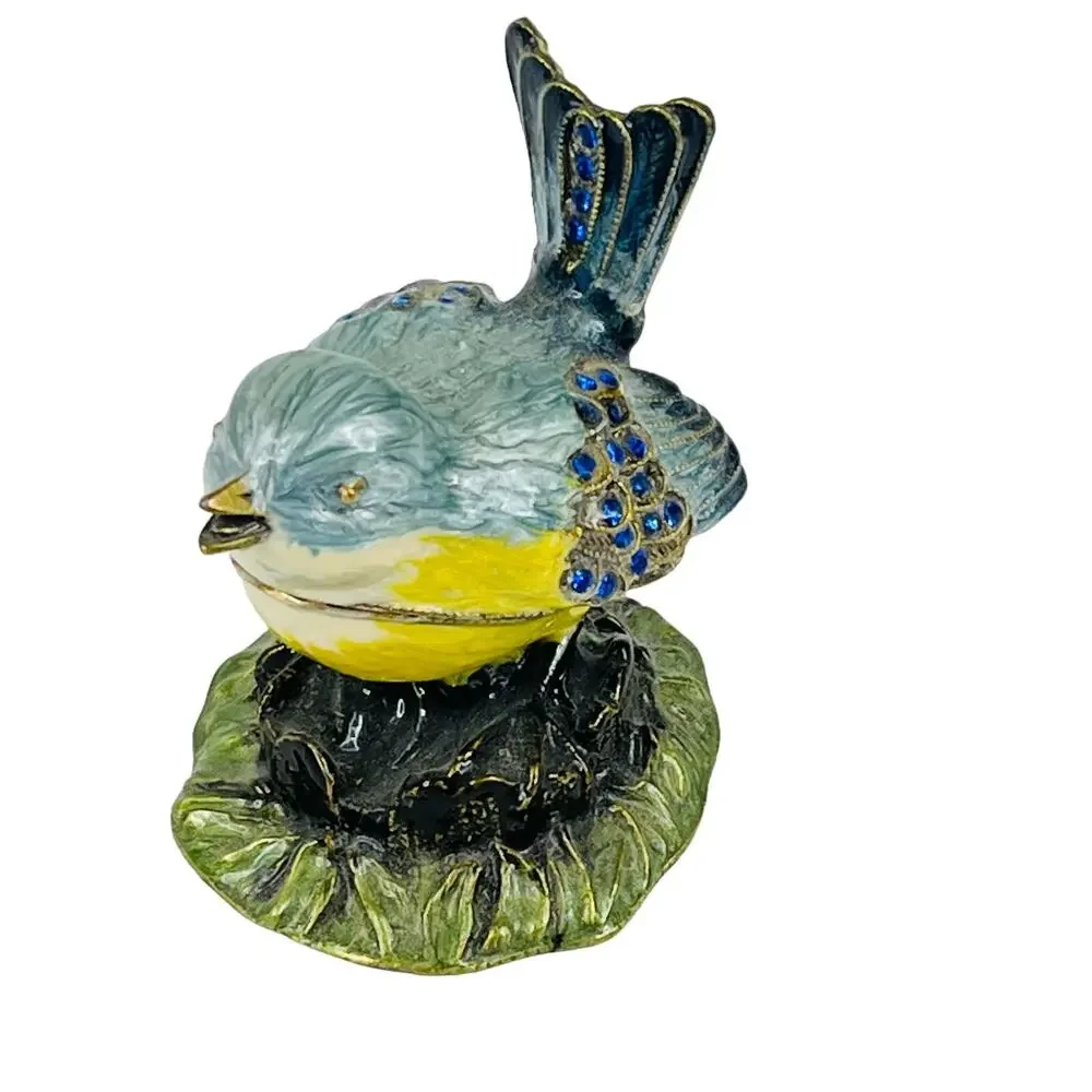 VTG Enameled Metal BLUE BIRD TRINKET BOX Crystal Rhinestone 3.2